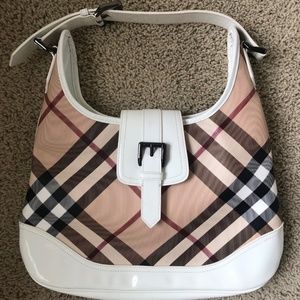 Burberry White Leather Canvas Hobo Bag